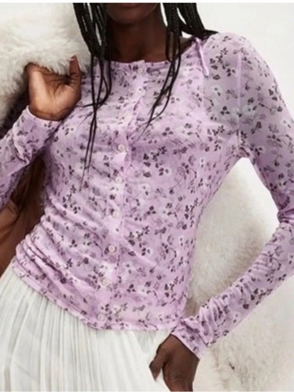 Free People Lilac Floral Button-Front Long Sleeve Shirt